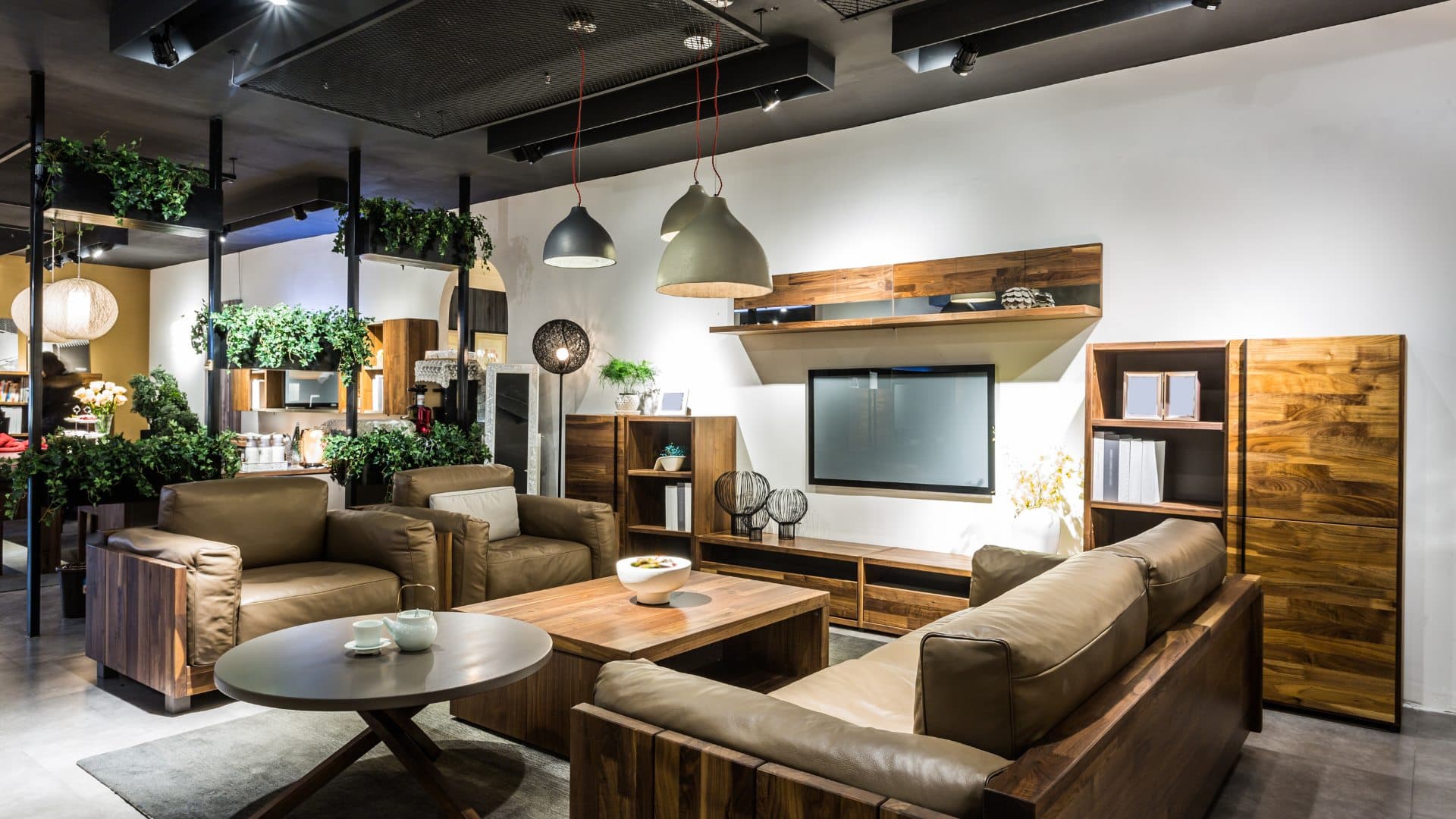 Leather seating displayed in a furnished showroom