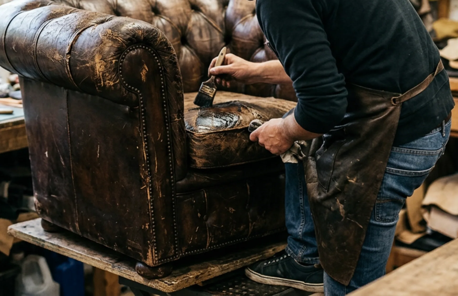 Person applying product to a worn leather armchair