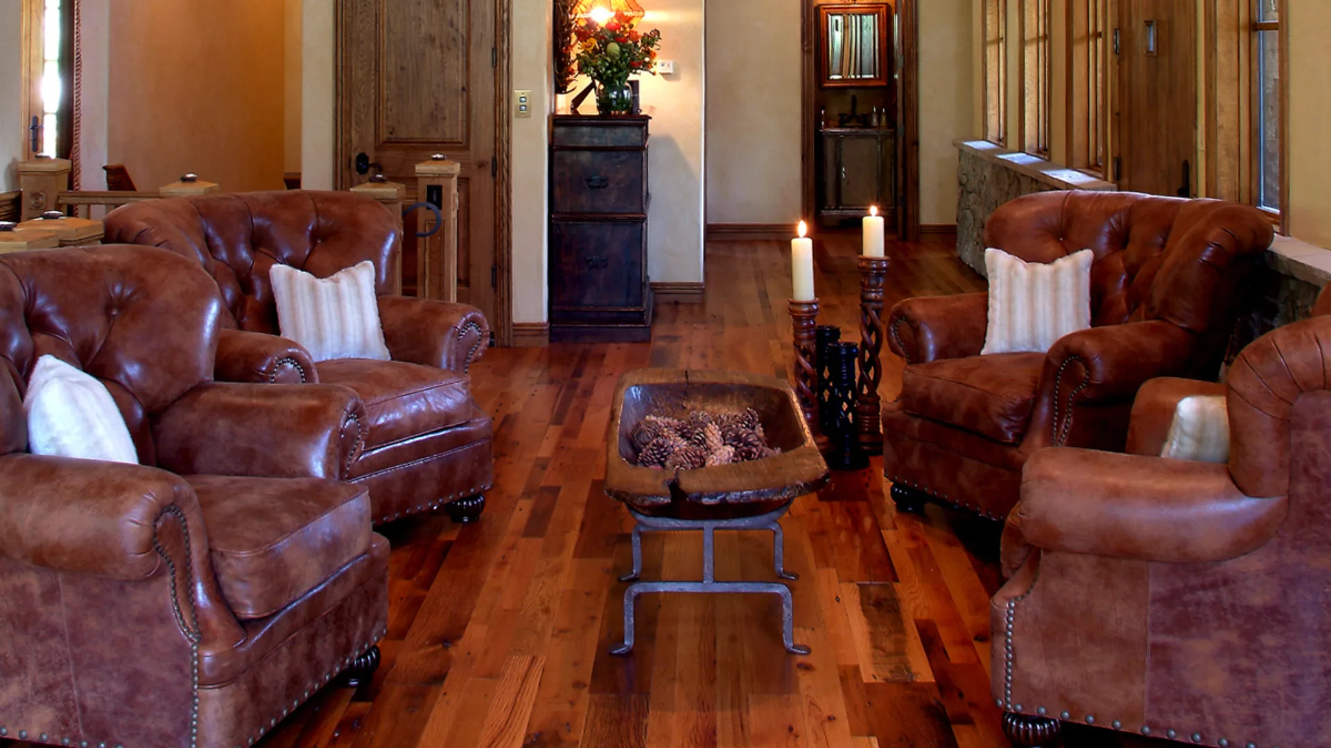 Leather seating in a furnished living room
