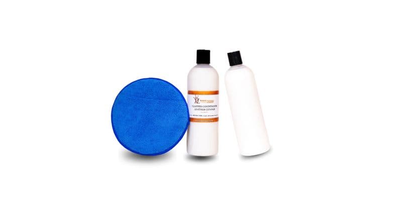 Three-piece leather care kit with cleaner, conditioner, and mitt