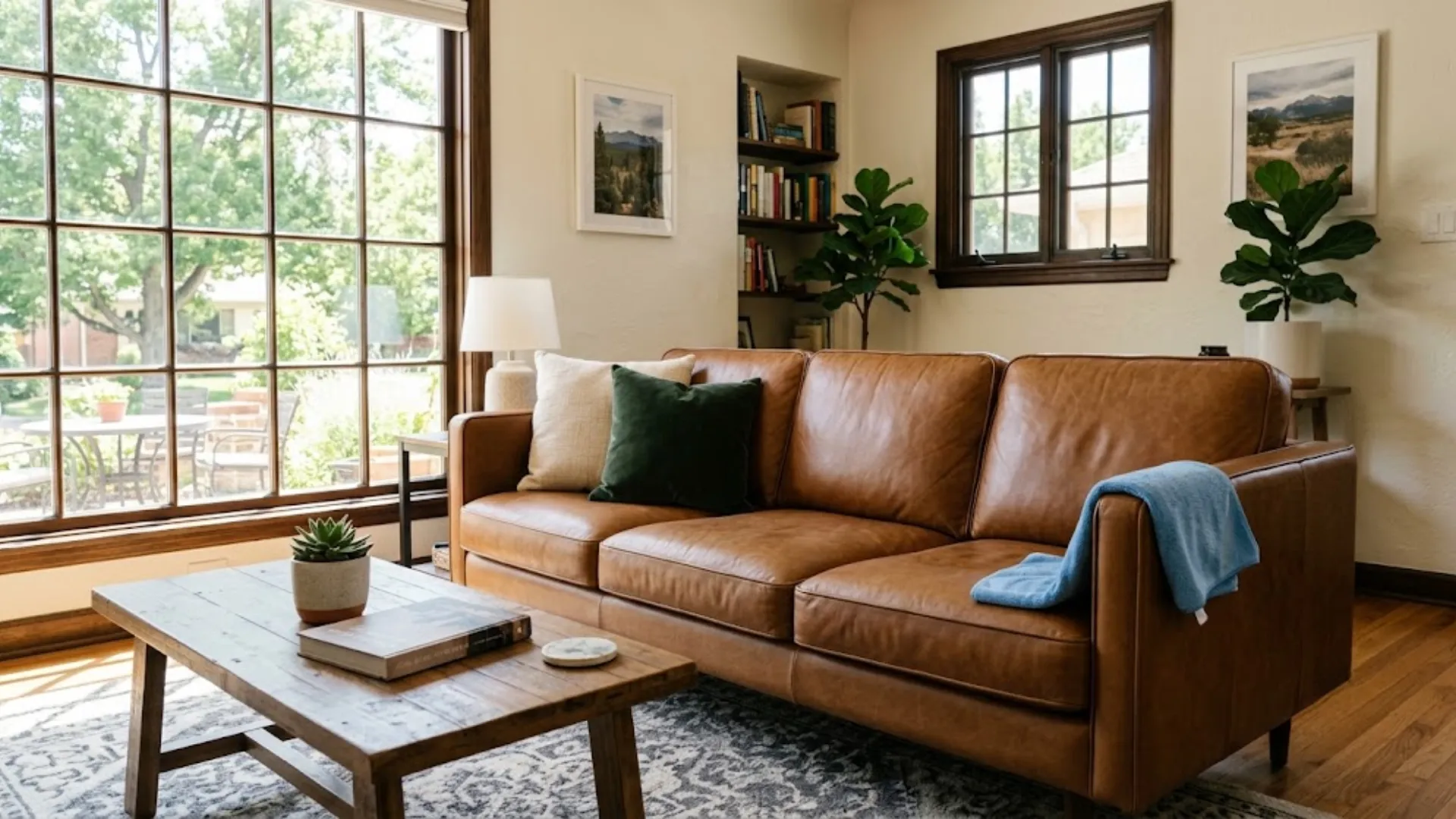 Clean tan leather sofa in a residential room