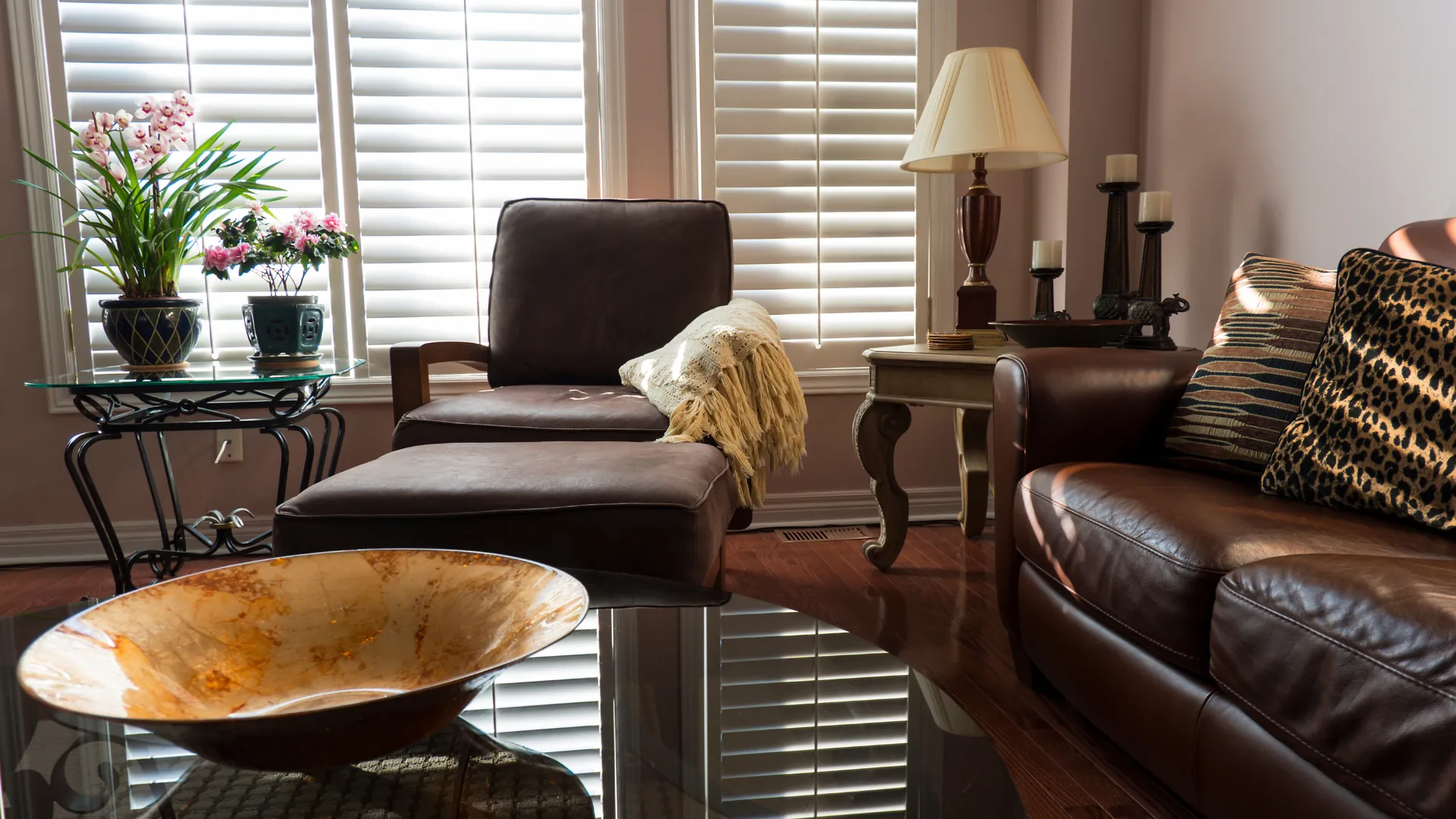 Leather seating arranged in a residential interior