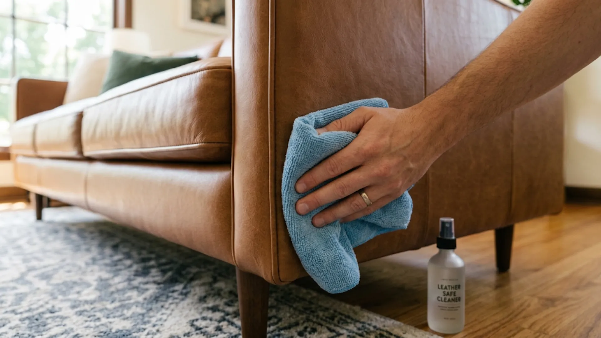 Hand cleaning leather with a microfiber cloth and cleaning product
