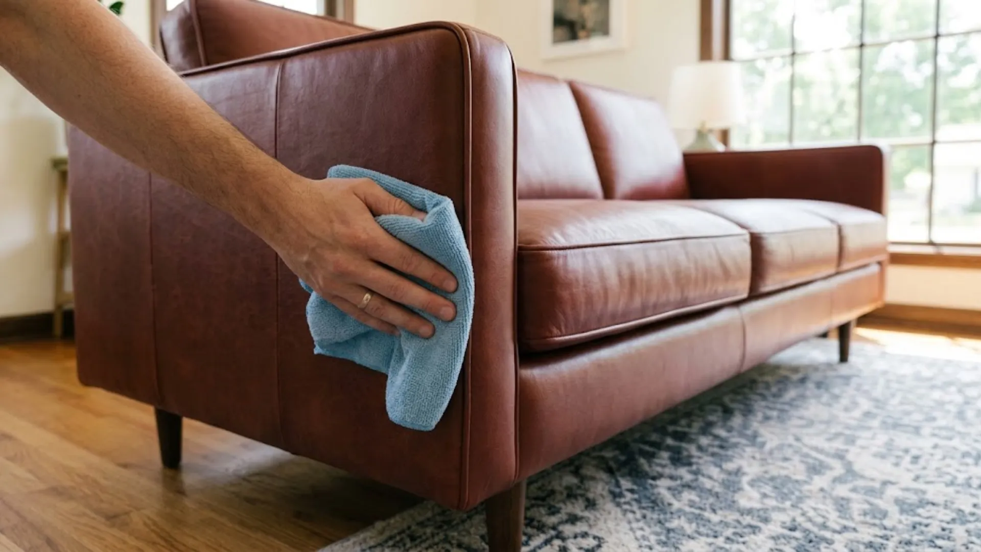 Routine microfiber care being applied to leather furniture