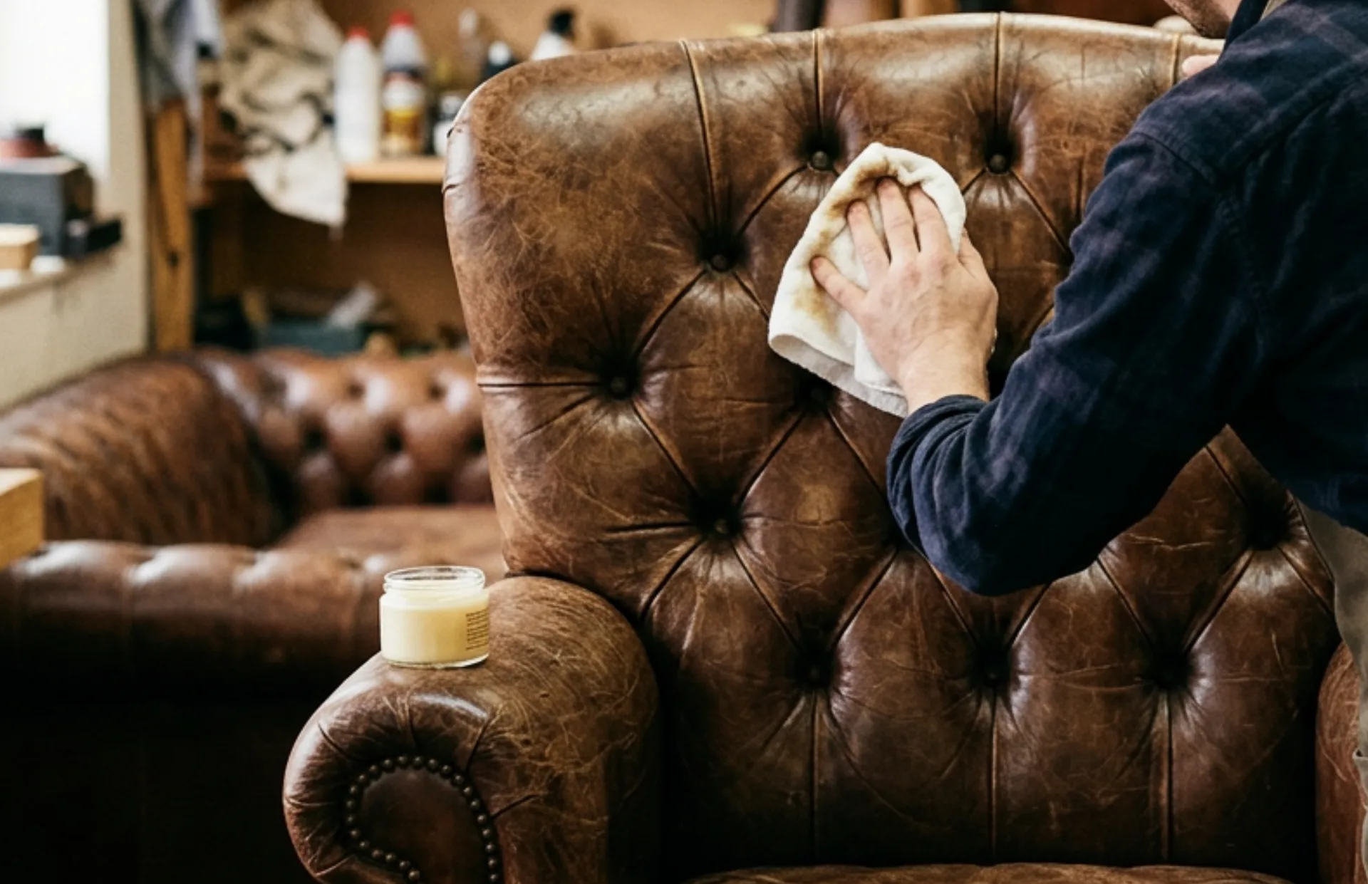 Protective leather treatment being applied to furniture