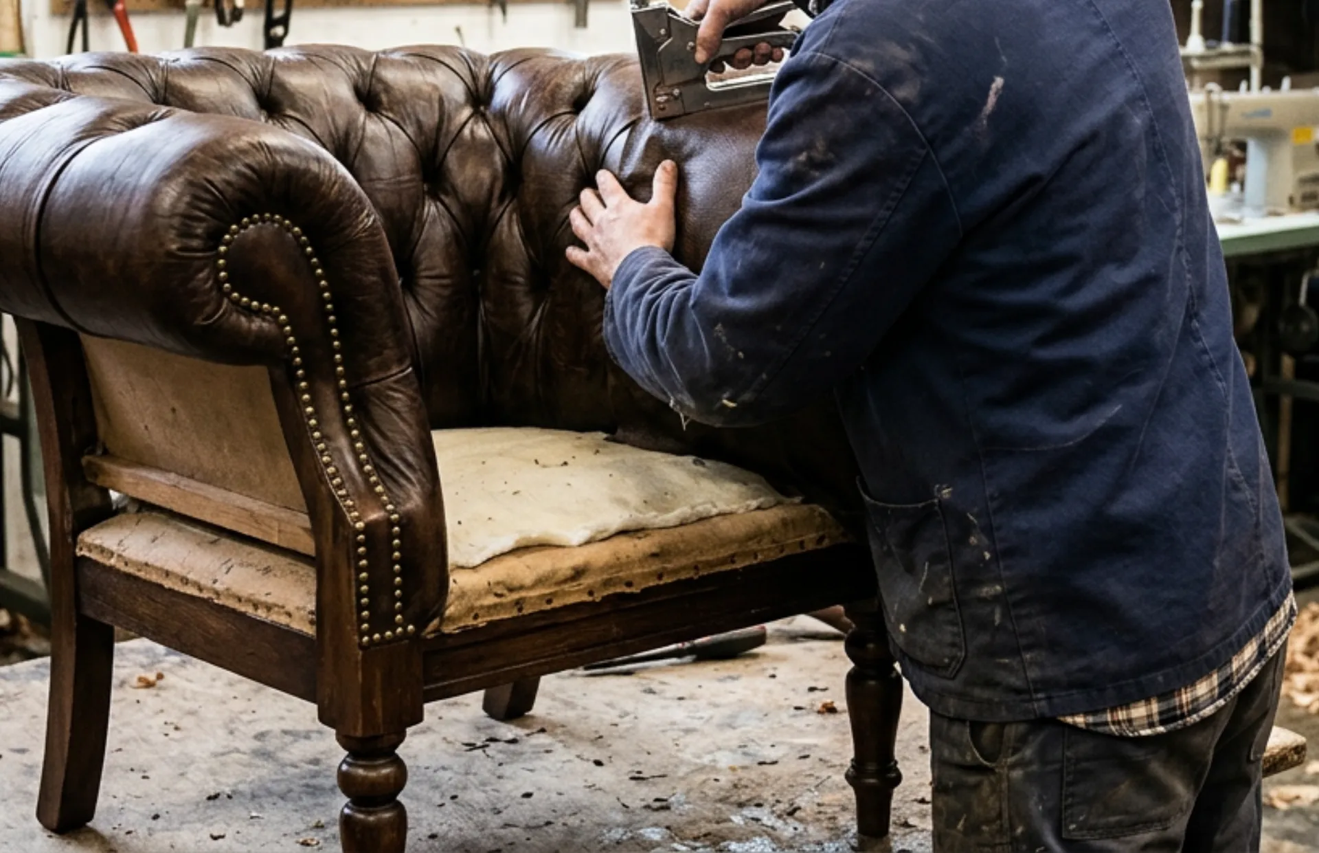 Person upholstering the exposed seat of a tufted chair