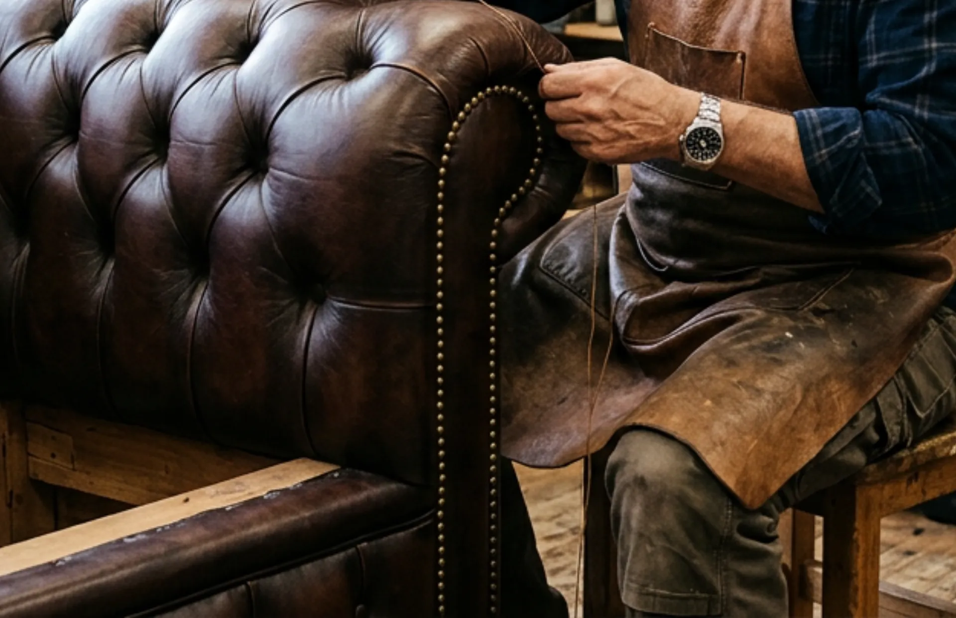 Person hand-stitching a tufted leather chair arm