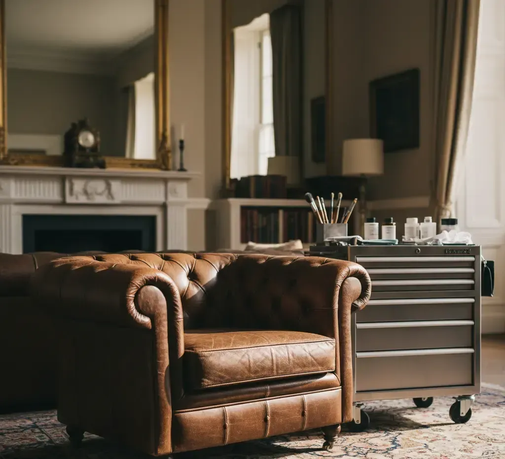 Brown leather armchair beside leather care tools and bottles
